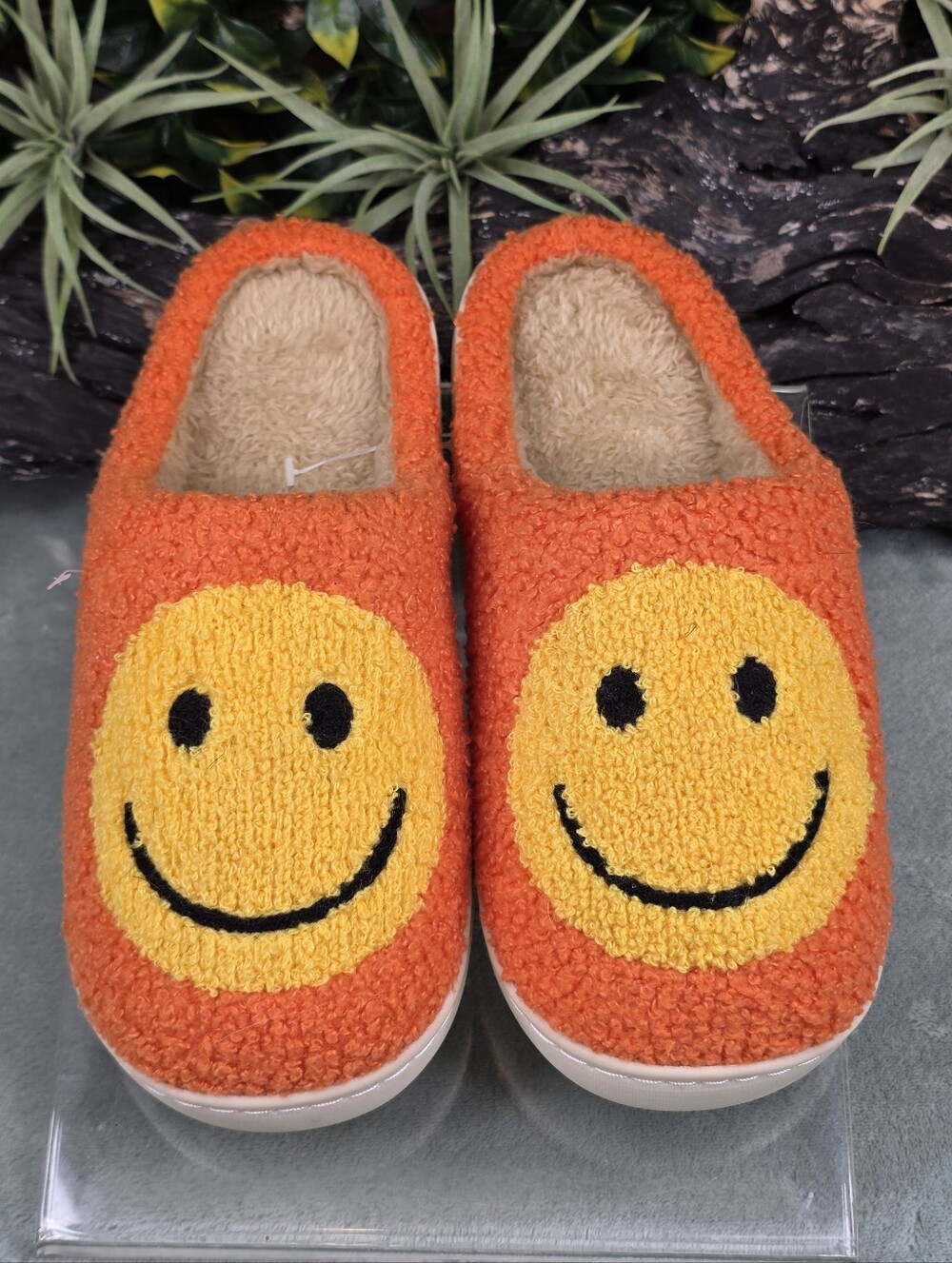 Orange Smiley Face Emoji Plush Slippers Cozy House Shoes - Medium (7-8)